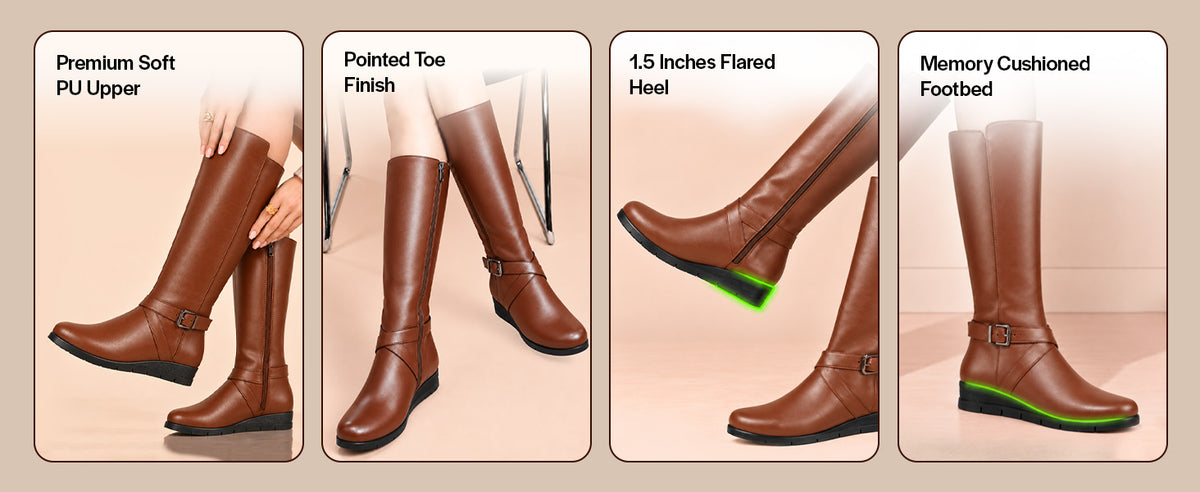Women Black Knee Length Criss Cross Adjustable Strap Pointed Toe Flared Heel Side Zipper Closure Winter Boots
