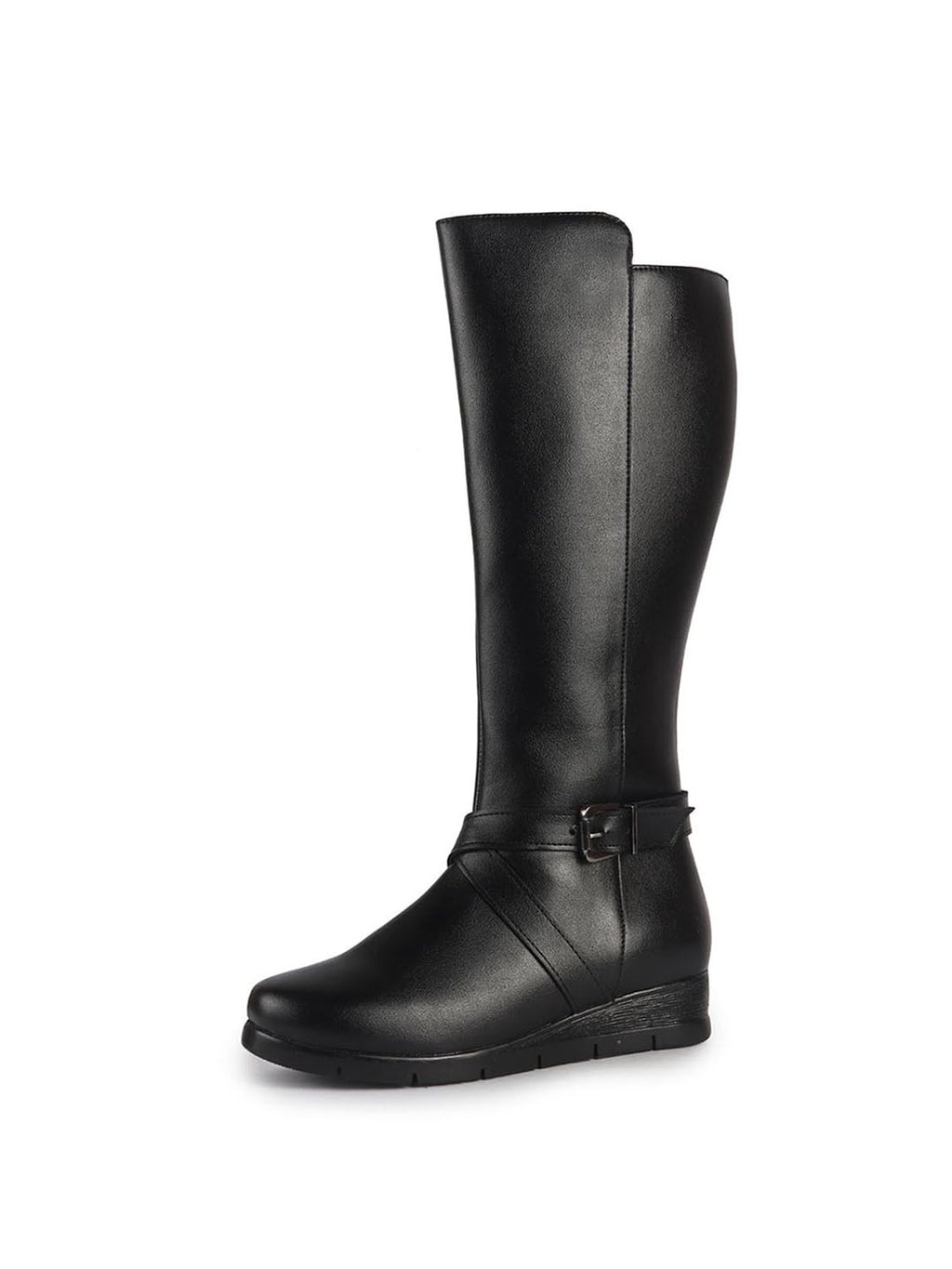 Women Black Knee Length Criss Cross Adjustable Strap Pointed Toe Flared Heel Side Zipper Closure Winter Boots