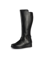 Women Black Knee Length Criss Cross Adjustable Strap Pointed Toe Flared Heel Side Zipper Closure Winter Boots