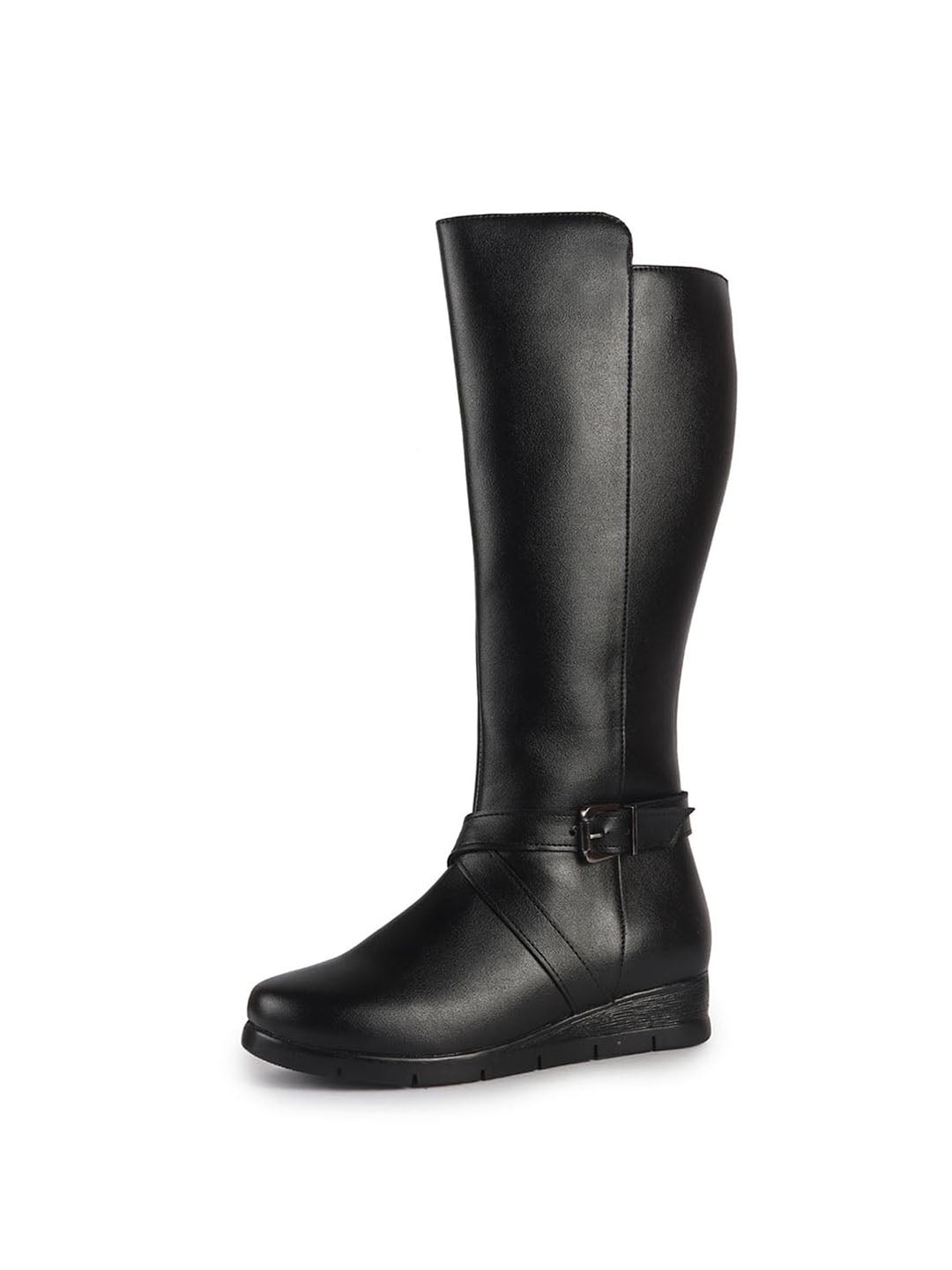 Women Black Knee Length Criss Cross Adjustable Strap Pointed Toe Flared Heel Side Zipper Closure Winter Boots