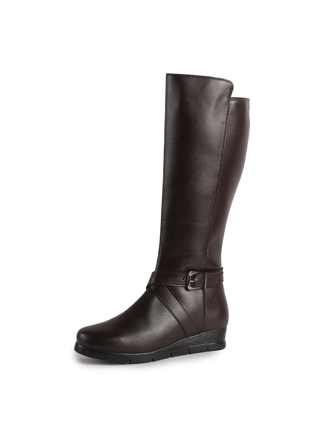 Women Brown Knee Length Criss Cross Adjustable Strap Pointed Toe Flared Heel Side Zipper Closure Winter Boots