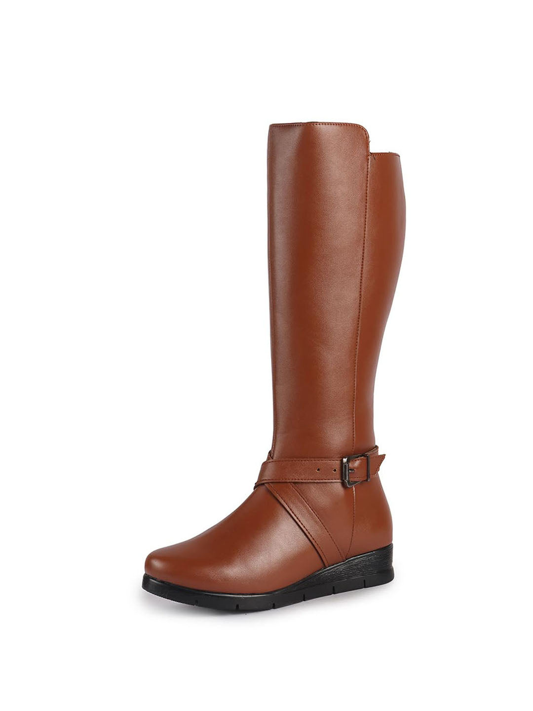 Women Tan Knee Length Criss Cross Adjustable Strap Pointed Toe Flared Heel Side Zipper Closure Winter Boots