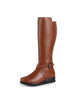 Women Tan Knee Length Criss Cross Adjustable Strap Pointed Toe Flared Heel Side Zipper Closure Winter Boots