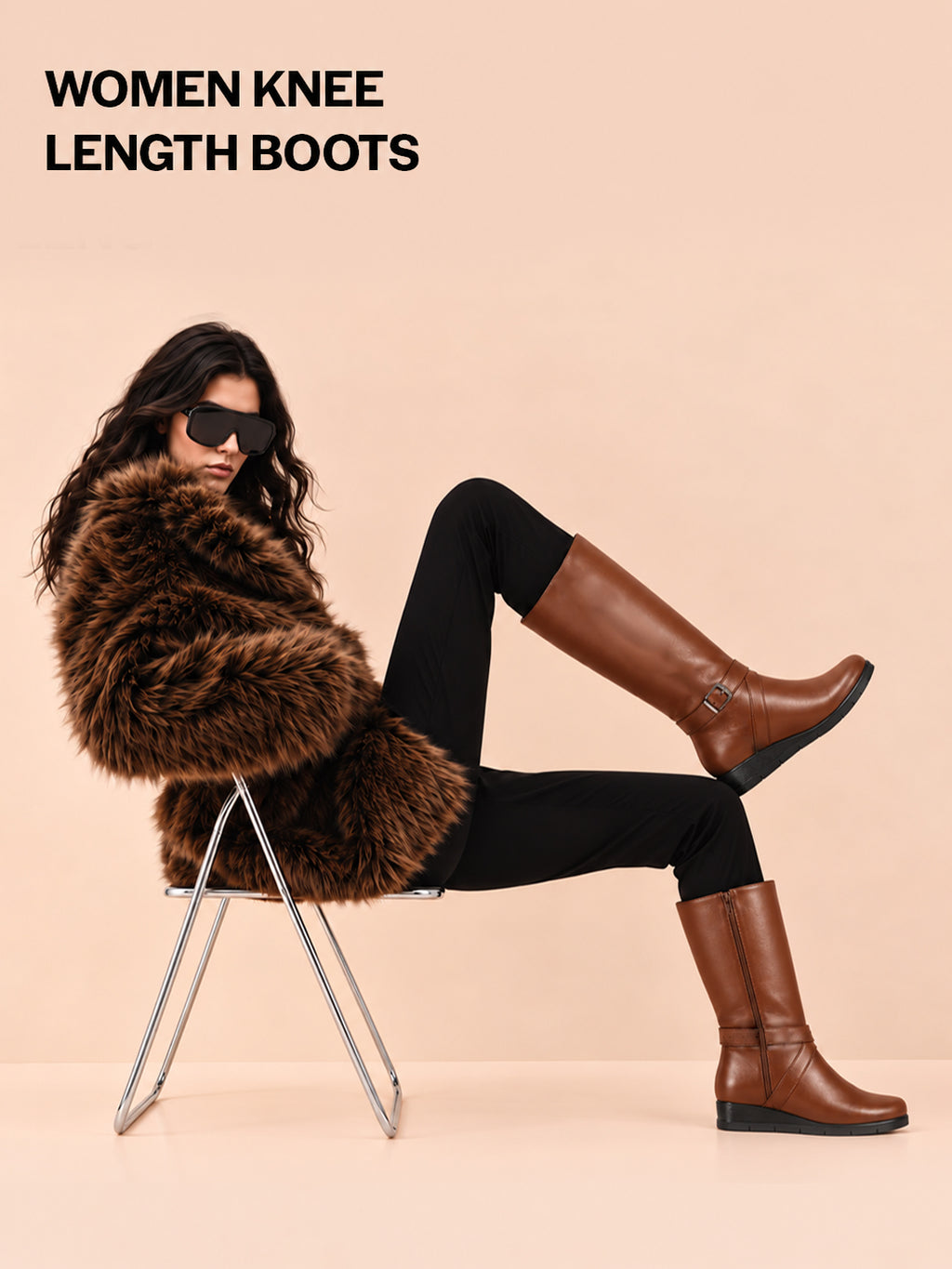Women Tan Knee Length Criss Cross Adjustable Strap Pointed Toe Flared Heel Side Zipper Closure Winter Boots