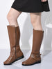 Women Tan Knee Length Criss Cross Adjustable Strap Pointed Toe Flared Heel Side Zipper Closure Winter Boots