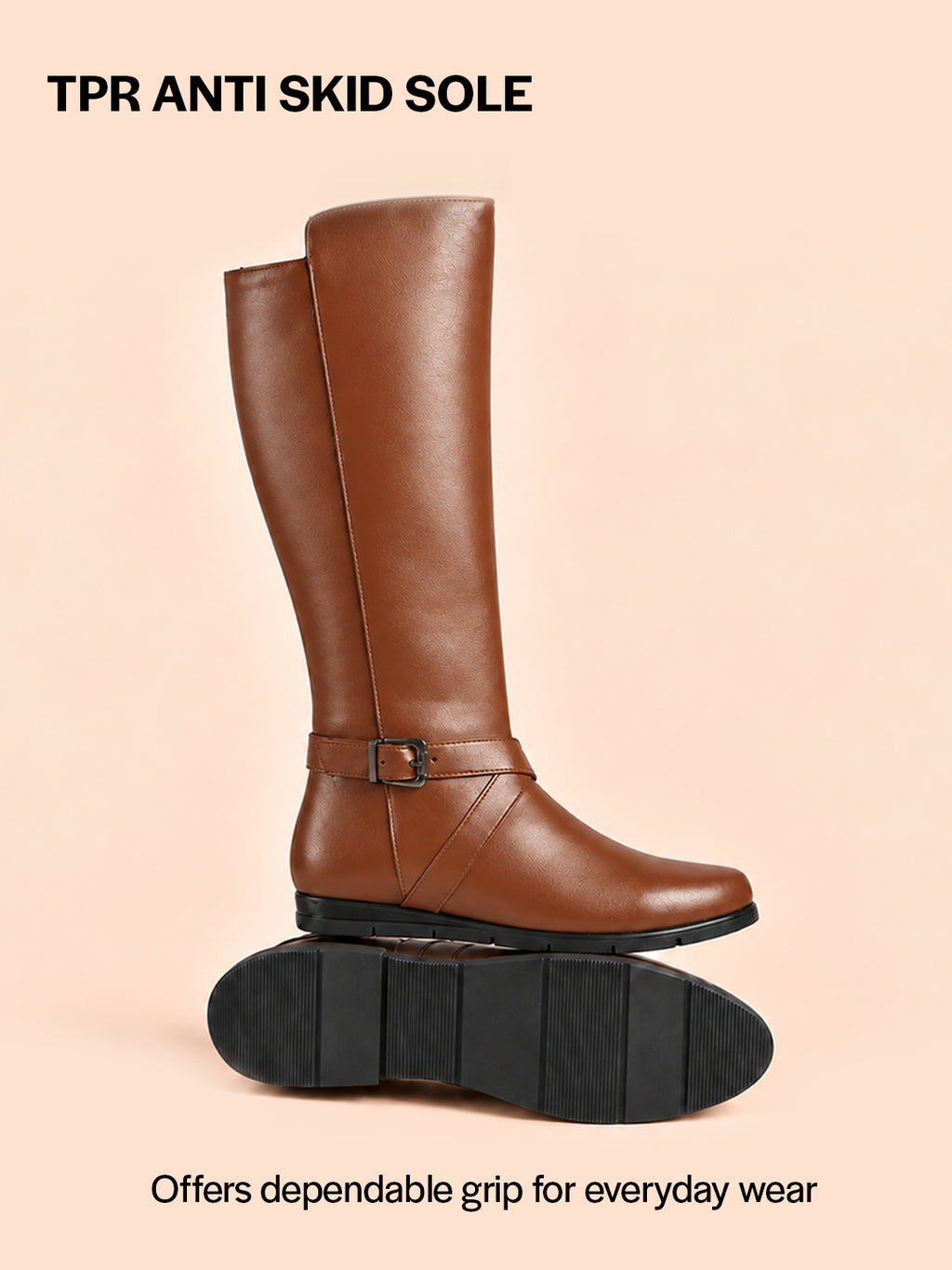 Women Tan Knee Length Criss Cross Adjustable Strap Pointed Toe Flared Heel Side Zipper Closure Winter Boots