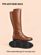 Women Tan Knee Length Criss Cross Adjustable Strap Pointed Toe Flared Heel Side Zipper Closure Winter Boots