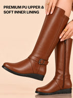 Women Tan Knee Length Criss Cross Adjustable Strap Pointed Toe Flared Heel Side Zipper Closure Winter Boots