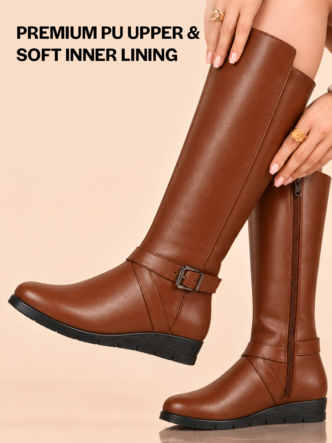 Women Tan Knee Length Criss Cross Adjustable Strap Pointed Toe Flared Heel Side Zipper Closure Winter Boots