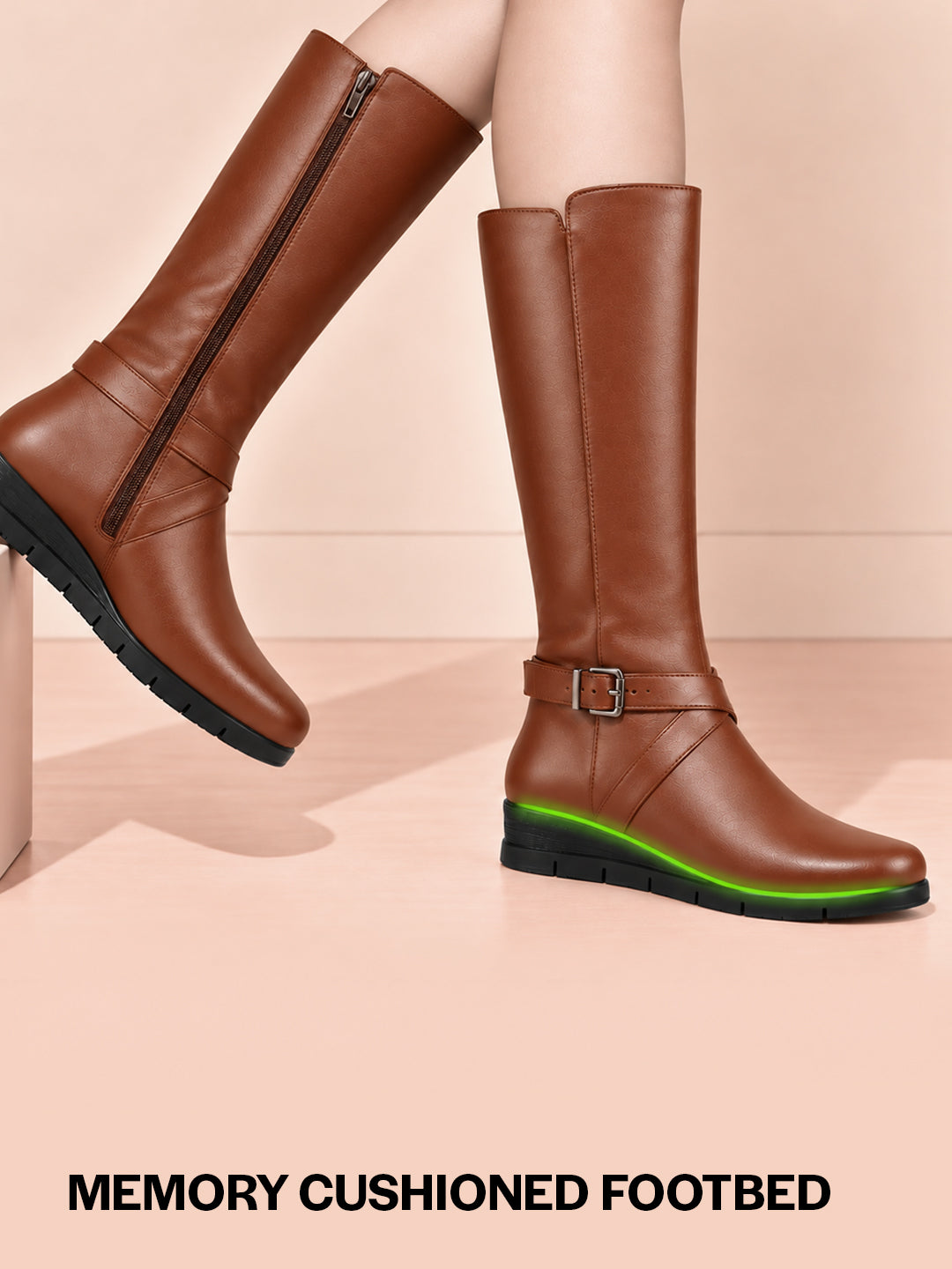 Women Tan Knee Length Criss Cross Adjustable Strap Pointed Toe Flared Heel Side Zipper Closure Winter Boots