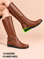 Women Tan Knee Length Criss Cross Adjustable Strap Pointed Toe Flared Heel Side Zipper Closure Winter Boots
