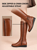 Women Tan Knee Length Criss Cross Adjustable Strap Pointed Toe Flared Heel Side Zipper Closure Winter Boots