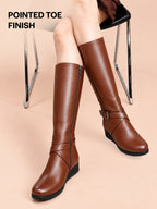 Women Tan Knee Length Criss Cross Adjustable Strap Pointed Toe Flared Heel Side Zipper Closure Winter Boots