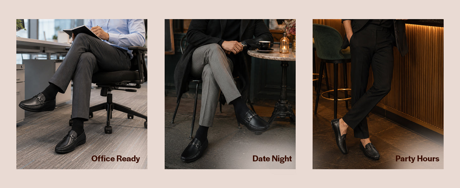 Men Black Elegant Metal Bit Accent Moc Toe Moccasins|Cushioned Insole Driving Loafers with Flexible Comfort Sole|Slip On Shoes for Semi-Formal Evening Parties & Dinners