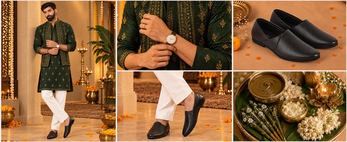 Men Black Ethnic Wedding Traditional Textured Slip On Juttis and Mojaris | Lightweight Cushioned Insole, Anti-Skid Sole | Perfect Shoe for Kurta Pyjama Outfits, Sherwani