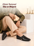 Men Black Ethnic Wedding Traditional Textured Slip On Juttis and Mojaris | Lightweight Cushioned Insole, Anti-Skid Sole | Perfect Shoe for Kurta Pyjama Outfits, Sherwani