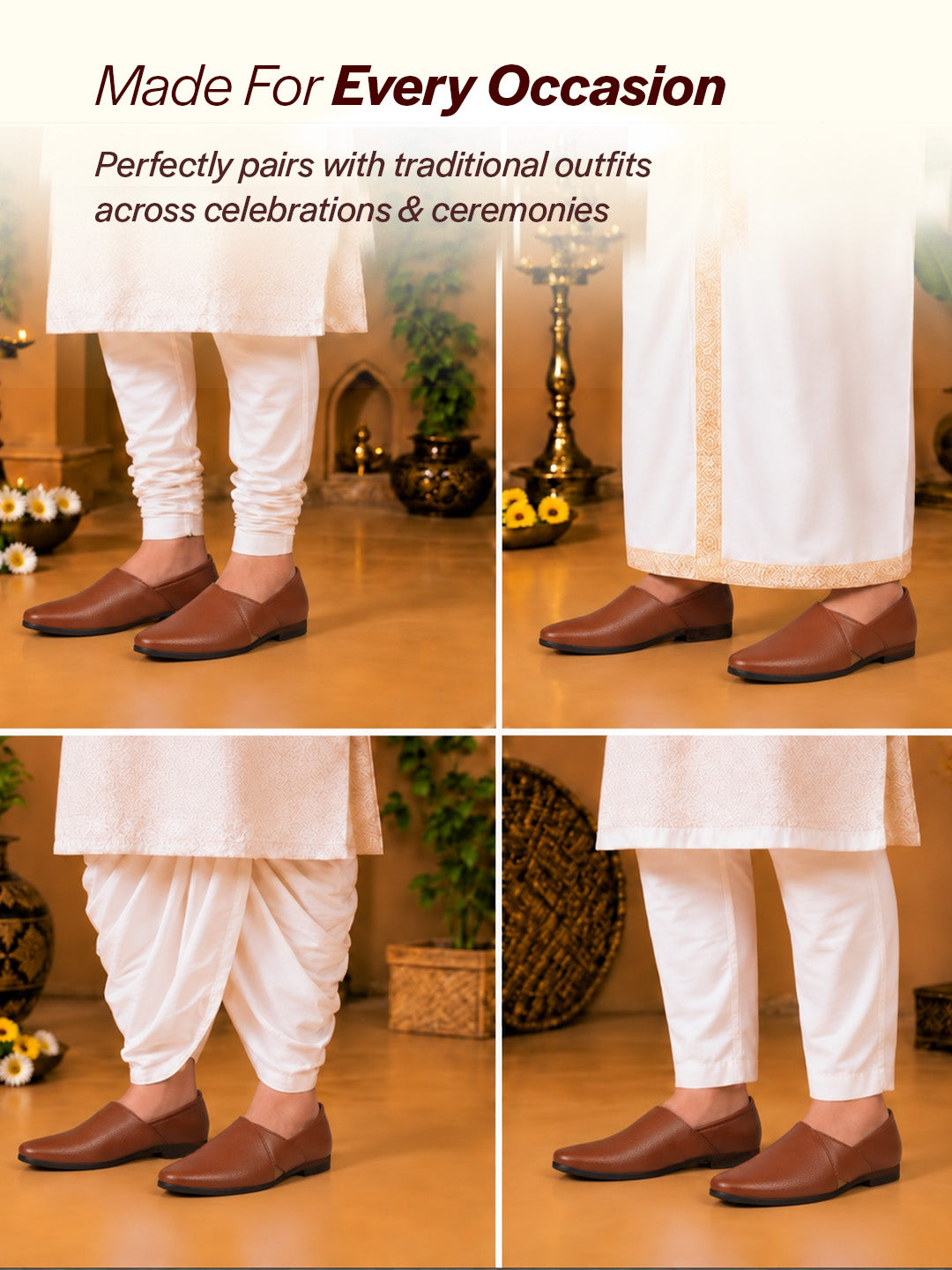 Men Tan Ethnic Wedding Traditional Textured Slip On Juttis and Mojaris | Lightweight Cushioned Insole, Anti-Skid Sole | Perfect Shoe for Kurta Pyjama Outfits, Sherwani