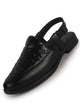 Men Black Handcraft Perforated Upper Ethnic Peep Toe Peshawari Hook and Loop Sandals for Wedding|Lightweight Slip Ons Formal, Festive, Traditional Dress