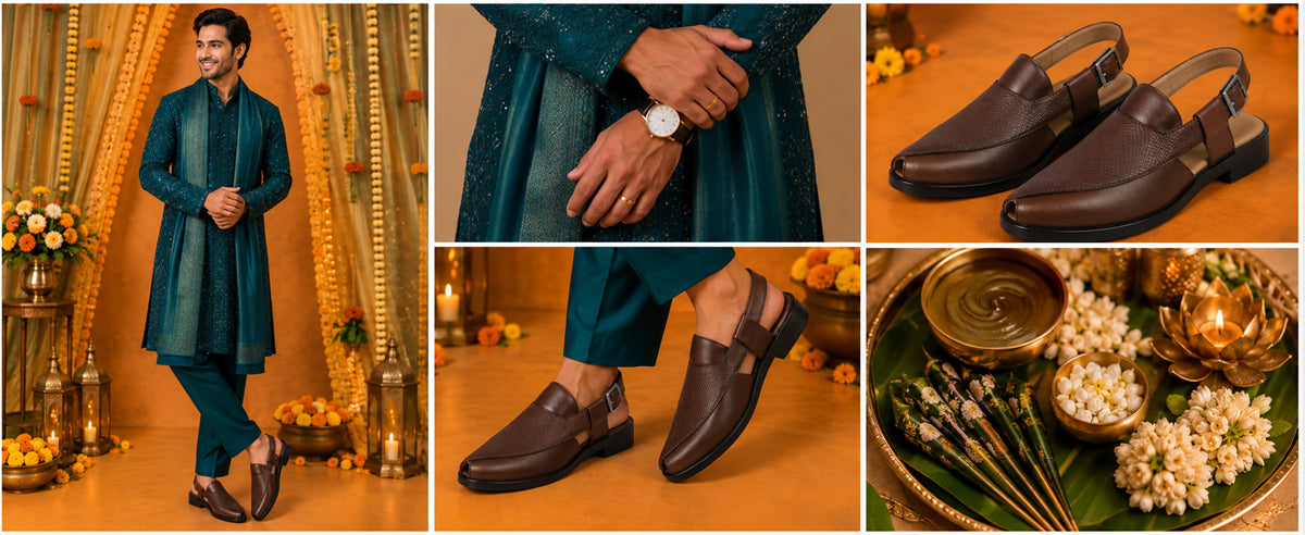 Men Tan Textured Perforated Ethnic Peep Toe Peshawari Hook and Loop Sandals for Wedding|Lightweight Slip On Shoe Formal, Festive, Traditional Dress