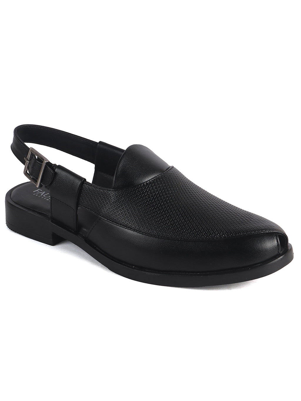 Men Black Textured Perforated Ethnic Peep Toe Peshawari Hook and Loop Sandals for Wedding|Lightweight Slip On Shoe Formal, Festive, Traditional Dress