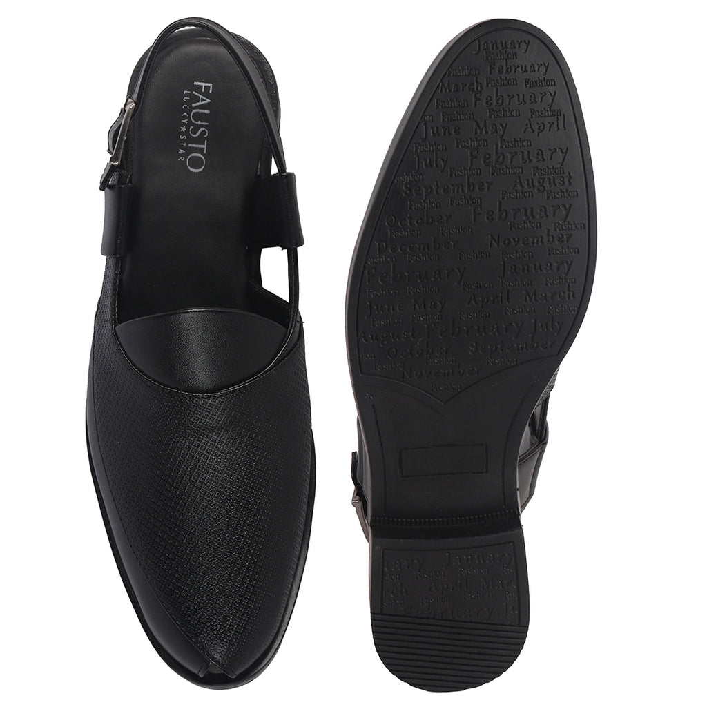 Men Black Textured Perforated Ethnic Peep Toe Peshawari Hook and Loop Sandals for Wedding|Lightweight Slip On Shoe Formal, Festive, Traditional Dress