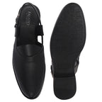 Men Black Textured Perforated Ethnic Peep Toe Peshawari Hook and Loop Sandals for Wedding|Lightweight Slip On Shoe Formal, Festive, Traditional Dress