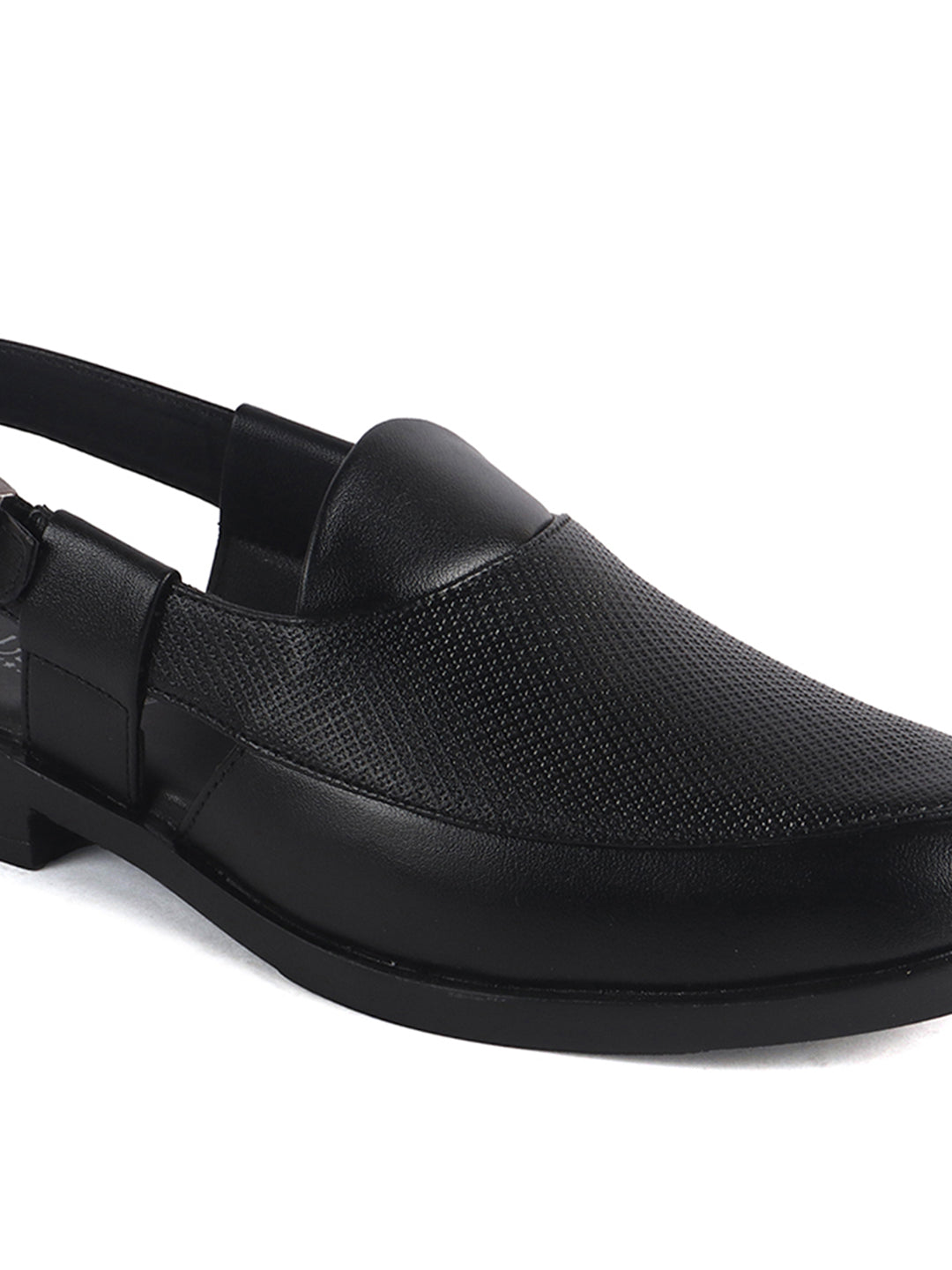 Men Black Textured Perforated Ethnic Peep Toe Peshawari Hook and Loop Sandals for Wedding|Lightweight Slip On Shoe Formal, Festive, Traditional Dress