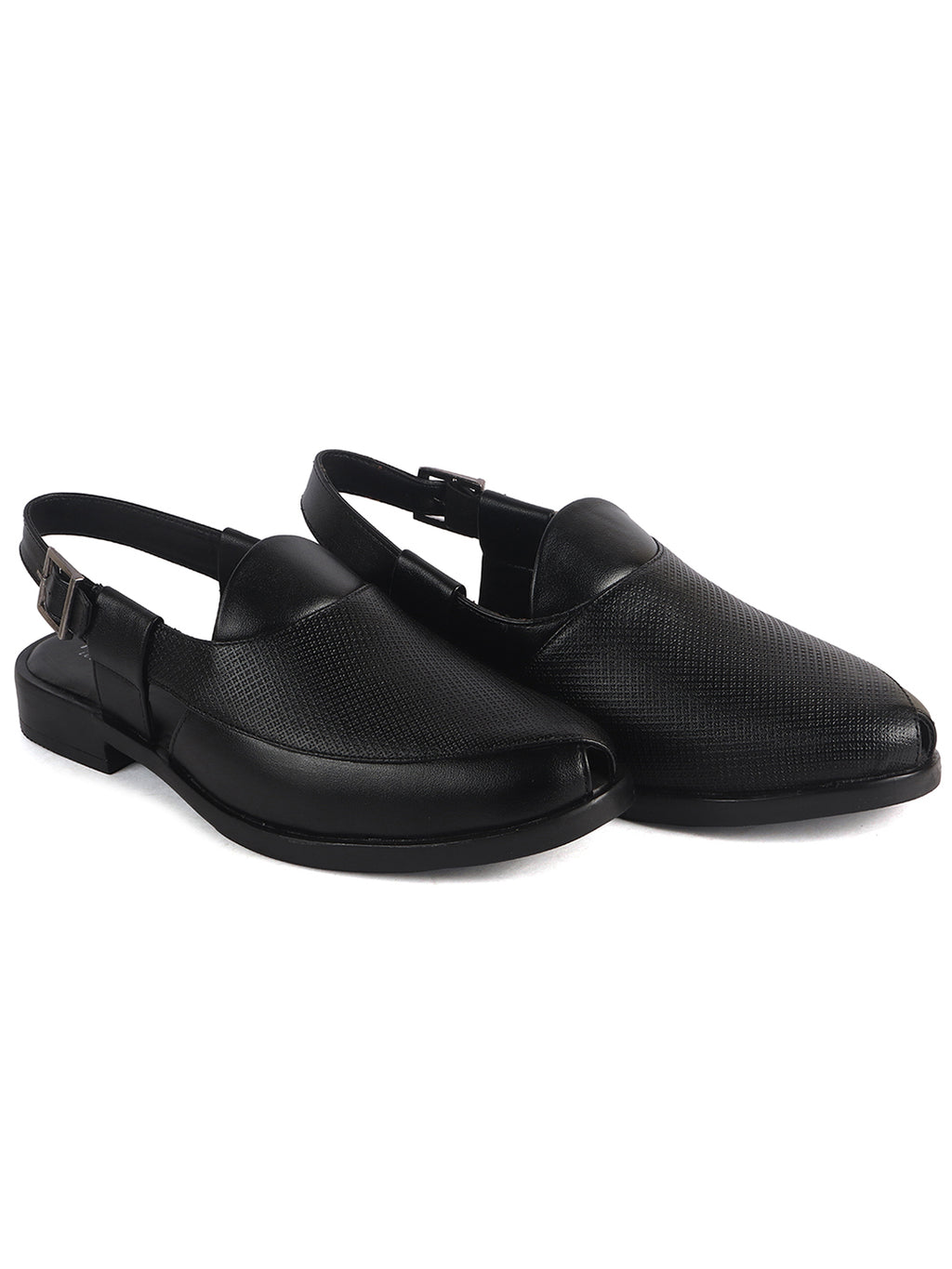 Men Black Textured Perforated Ethnic Peep Toe Peshawari Hook and Loop Sandals for Wedding|Lightweight Slip On Shoe Formal, Festive, Traditional Dress