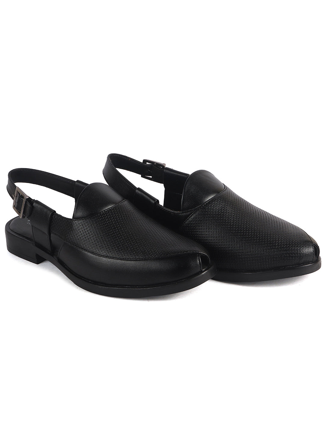 Men Black Textured Perforated Ethnic Peep Toe Peshawari Hook and Loop Sandals for Wedding|Lightweight Slip On Shoe Formal, Festive, Traditional Dress