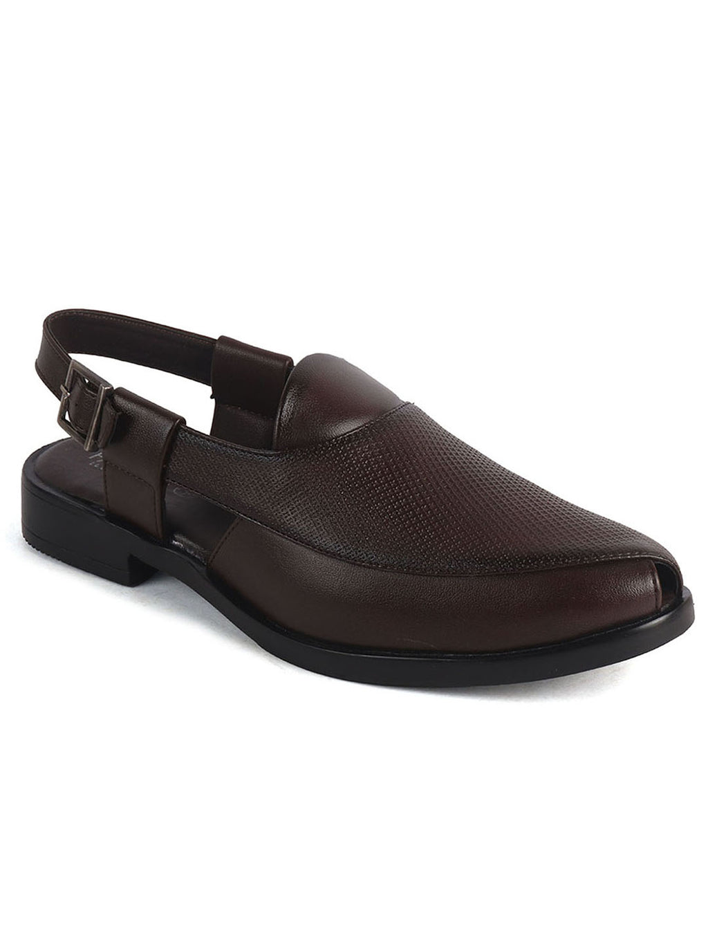 Men Brown Textured Perforated Ethnic Peep Toe Peshawari Hook and Loop Sandals for Wedding|Lightweight Slip On Shoe Formal, Festive, Traditional Dress