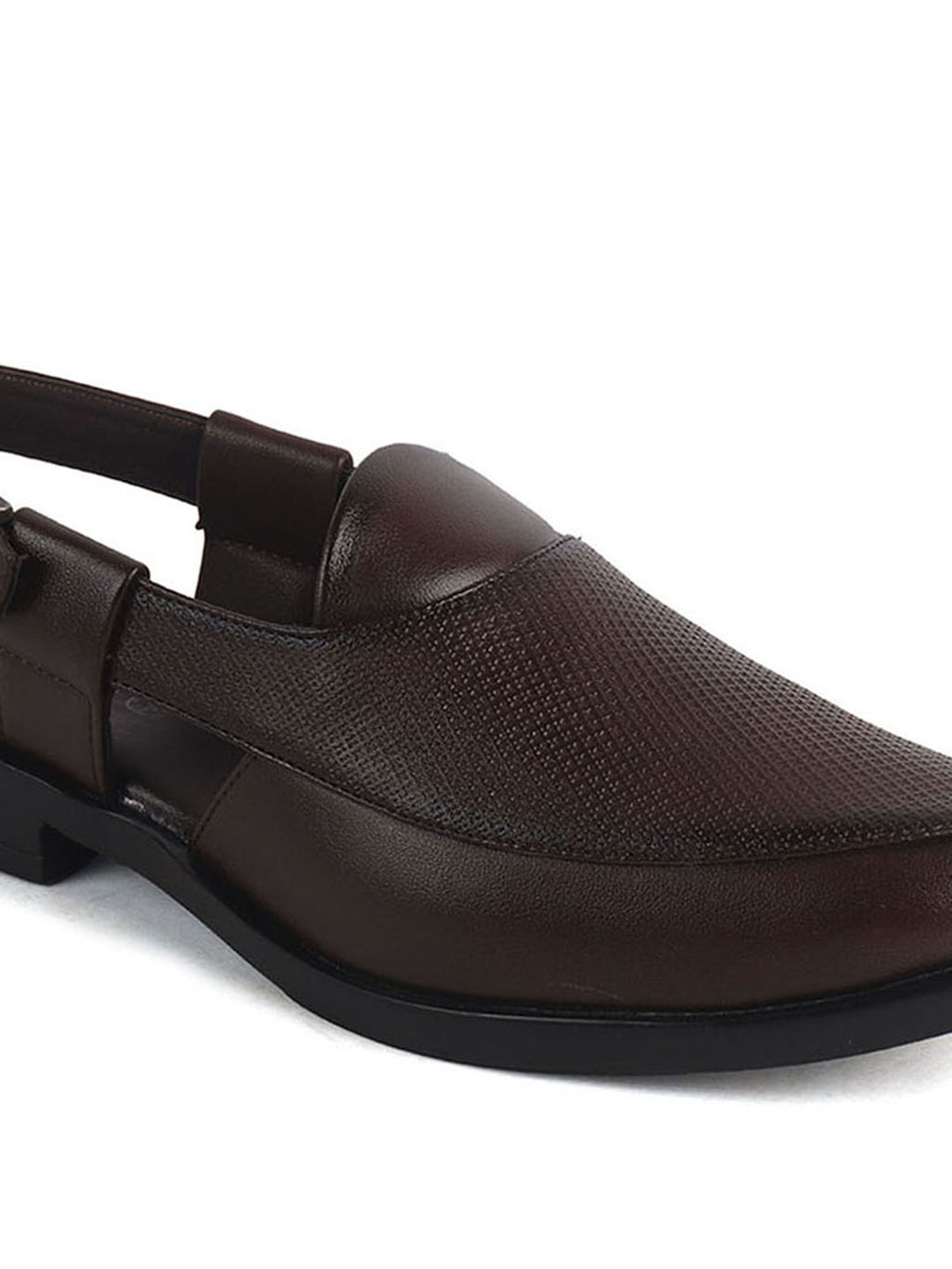 Men Brown Textured Perforated Ethnic Peep Toe Peshawari Hook and Loop Sandals for Wedding|Lightweight Slip On Shoe Formal, Festive, Traditional Dress