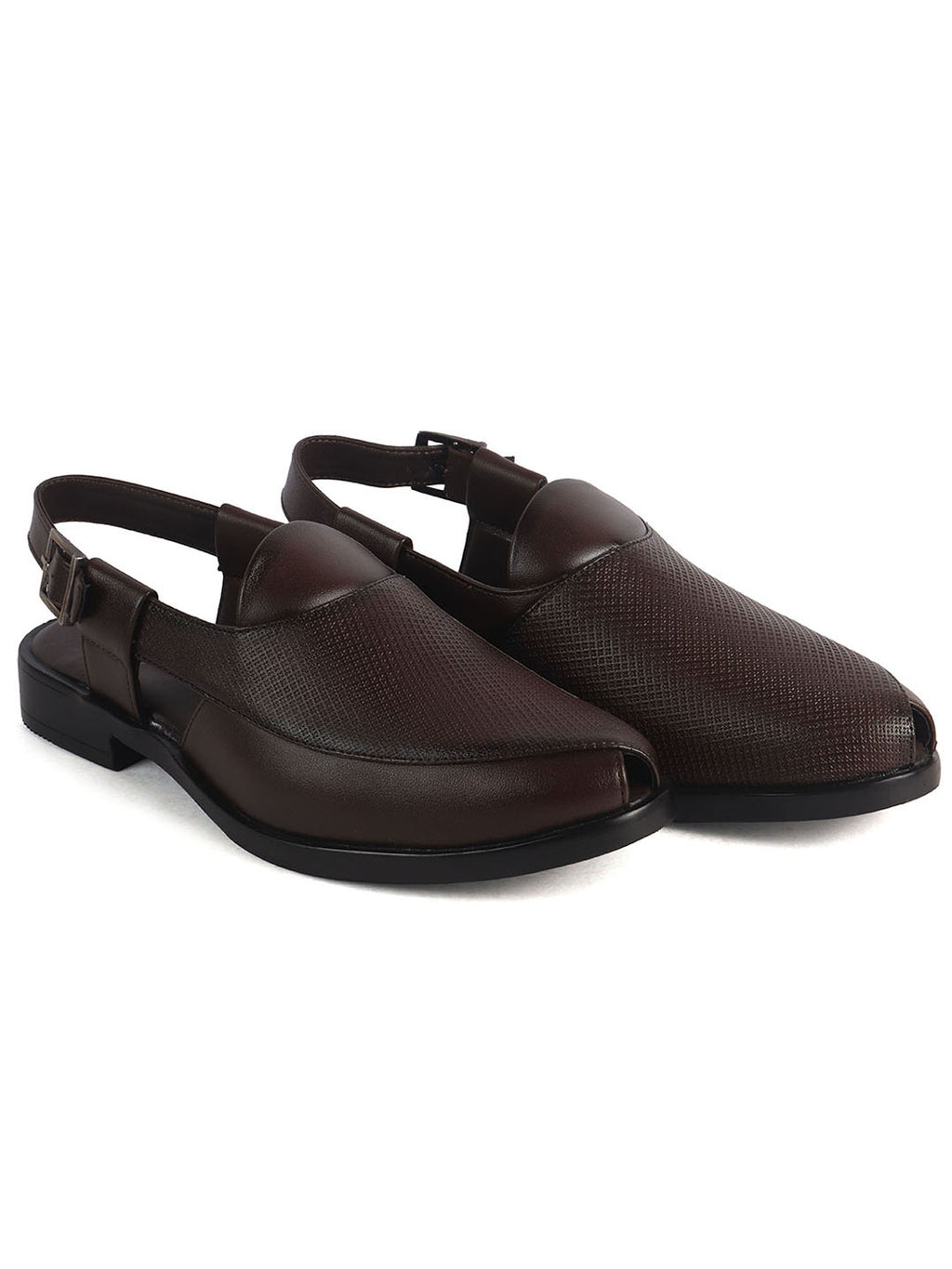 Men Brown Textured Perforated Ethnic Peep Toe Peshawari Hook and Loop Sandals for Wedding|Lightweight Slip On Shoe Formal, Festive, Traditional Dress