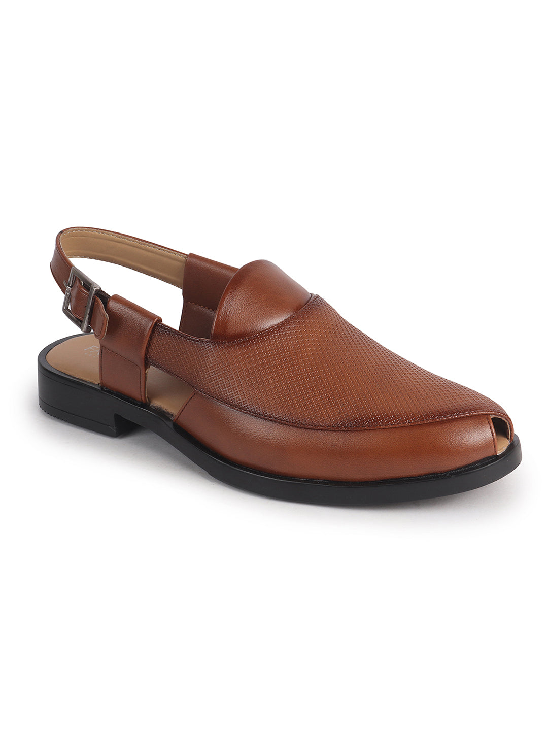 Men Tan Textured Perforated Ethnic Peep Toe Peshawari Hook and Loop Sandals for Wedding|Lightweight Slip On Shoe Formal, Festive, Traditional Dress
