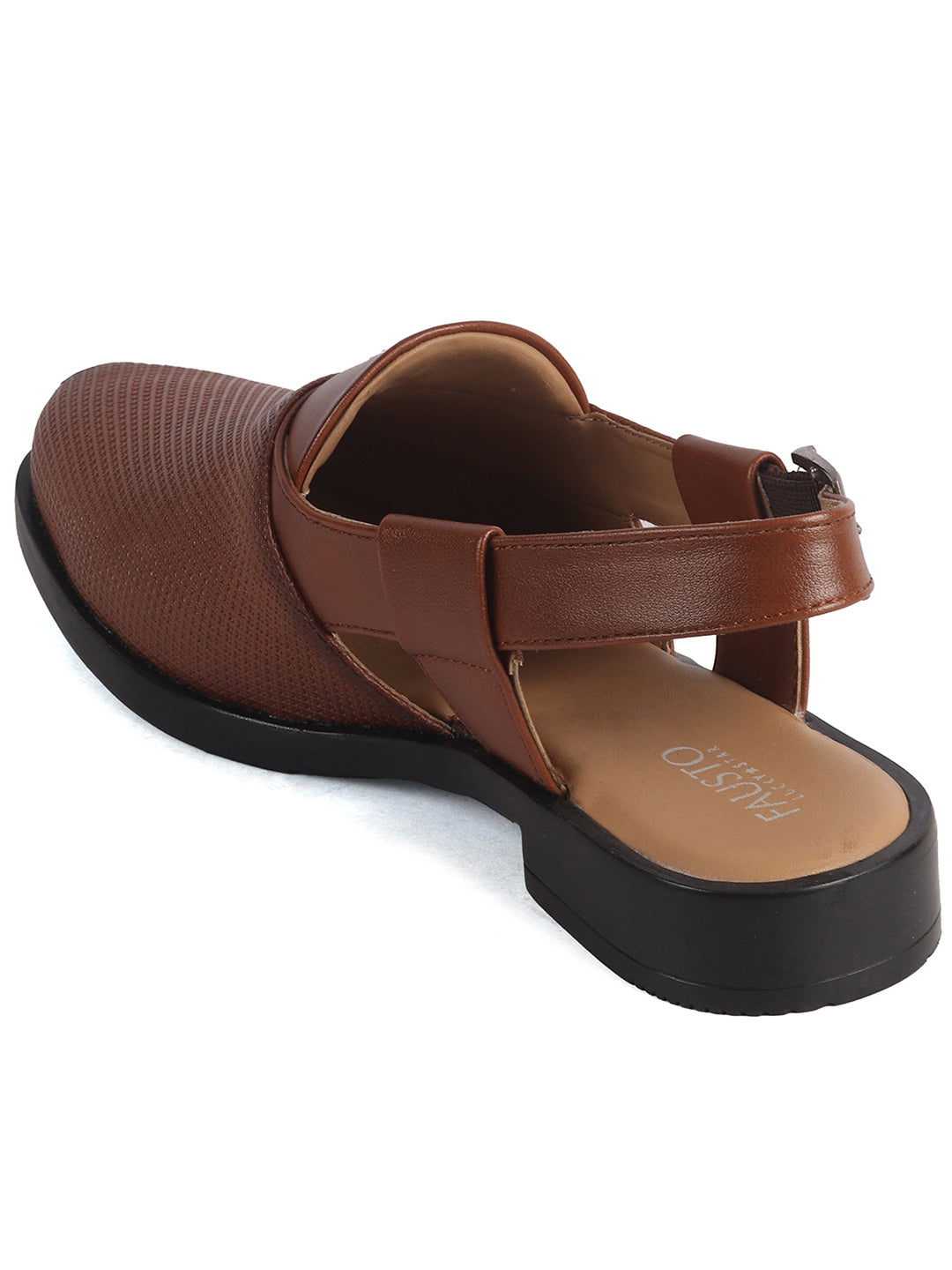 Men Tan Textured Perforated Ethnic Peep Toe Peshawari Hook and Loop Sandals for Wedding|Lightweight Slip On Shoe Formal, Festive, Traditional Dress