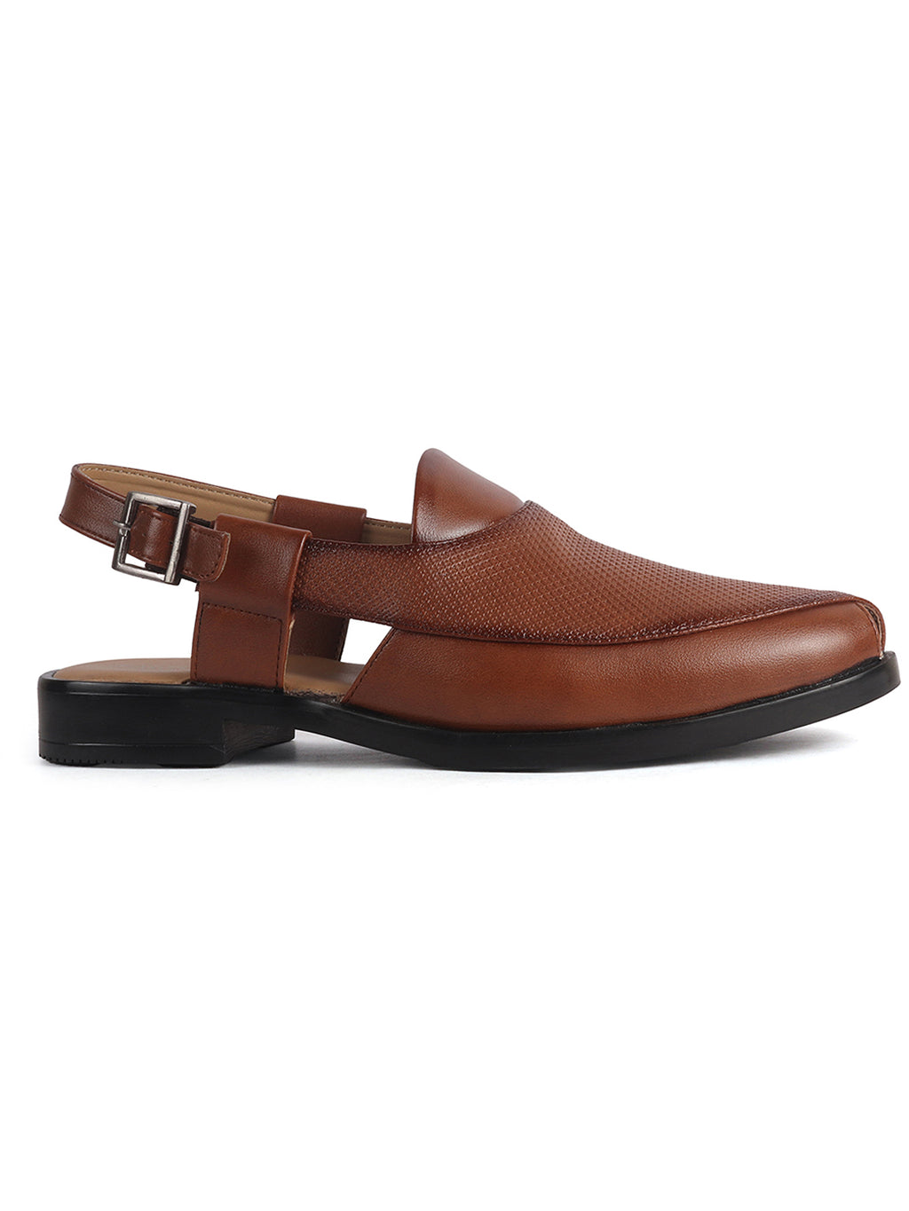 Men Tan Textured Perforated Ethnic Peep Toe Peshawari Hook and Loop Sandals for Wedding|Lightweight Slip On Shoe Formal, Festive, Traditional Dress