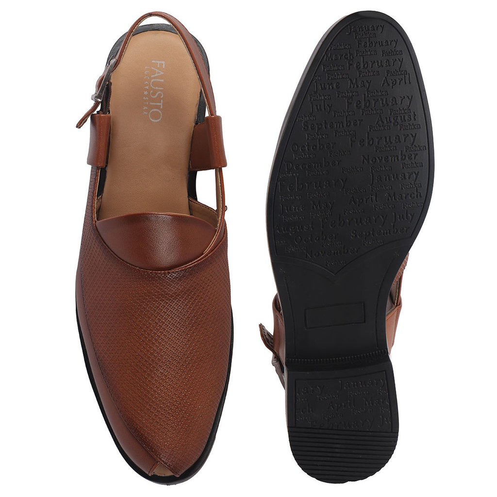 Men Tan Textured Perforated Ethnic Peep Toe Peshawari Hook and Loop Sandals for Wedding|Lightweight Slip On Shoe Formal, Festive, Traditional Dress