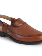 Men Tan Textured Perforated Ethnic Peep Toe Peshawari Hook and Loop Sandals for Wedding|Lightweight Slip On Shoe Formal, Festive, Traditional Dress