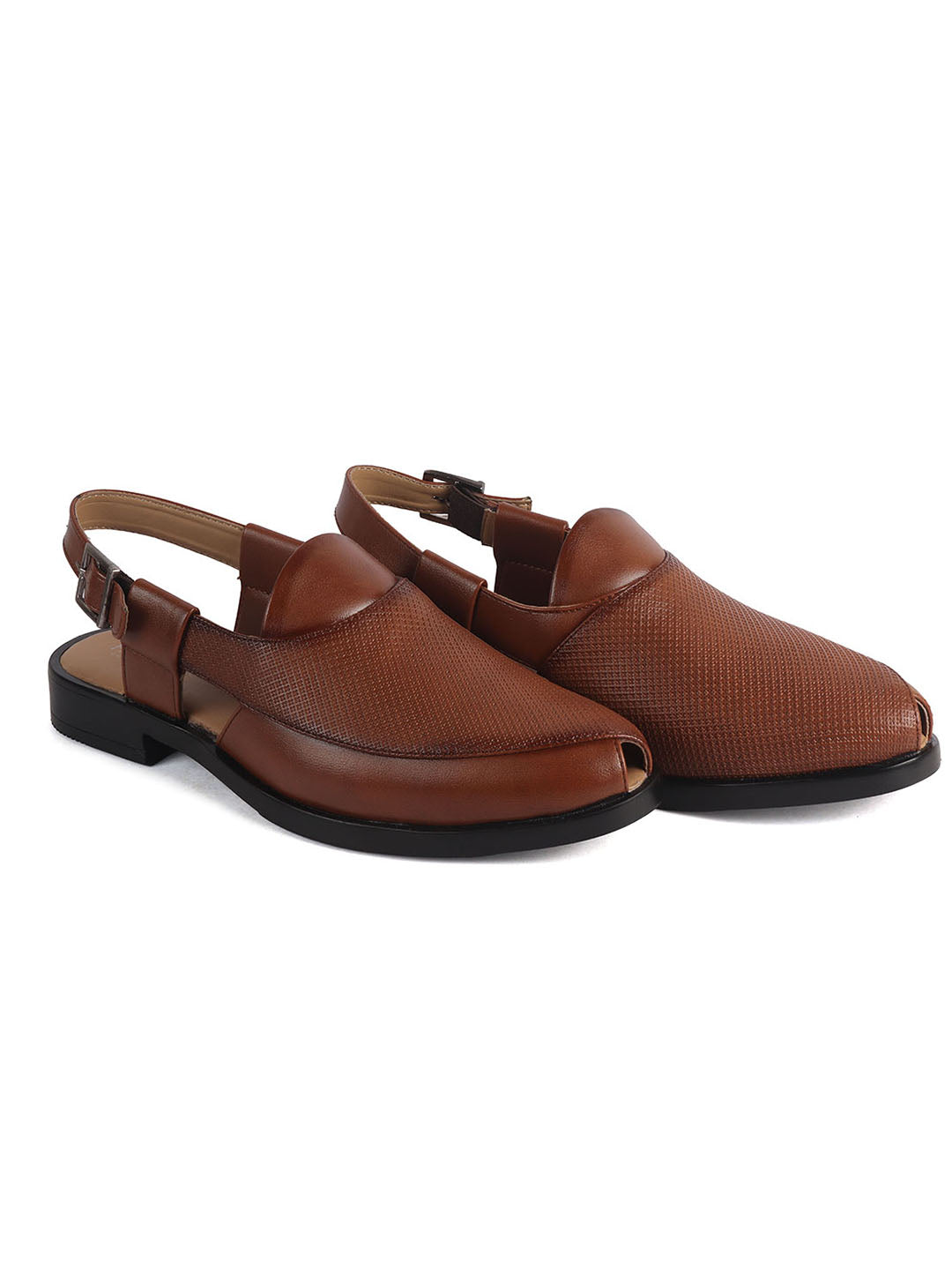 Men Tan Textured Perforated Ethnic Peep Toe Peshawari Hook and Loop Sandals for Wedding|Lightweight Slip On Shoe Formal, Festive, Traditional Dress