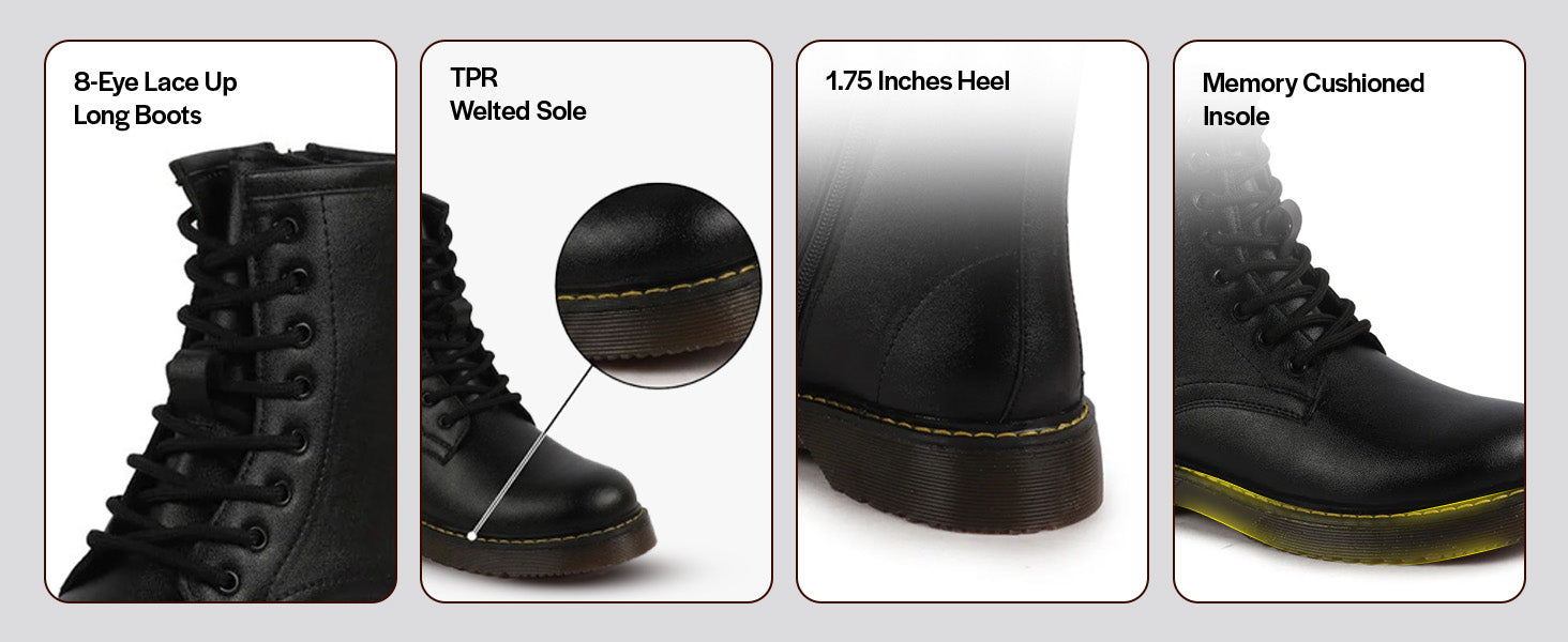 Women Grey Classic High Ankle 8-Eye Lace Up Casual Long Boots For Travelling|Trekking