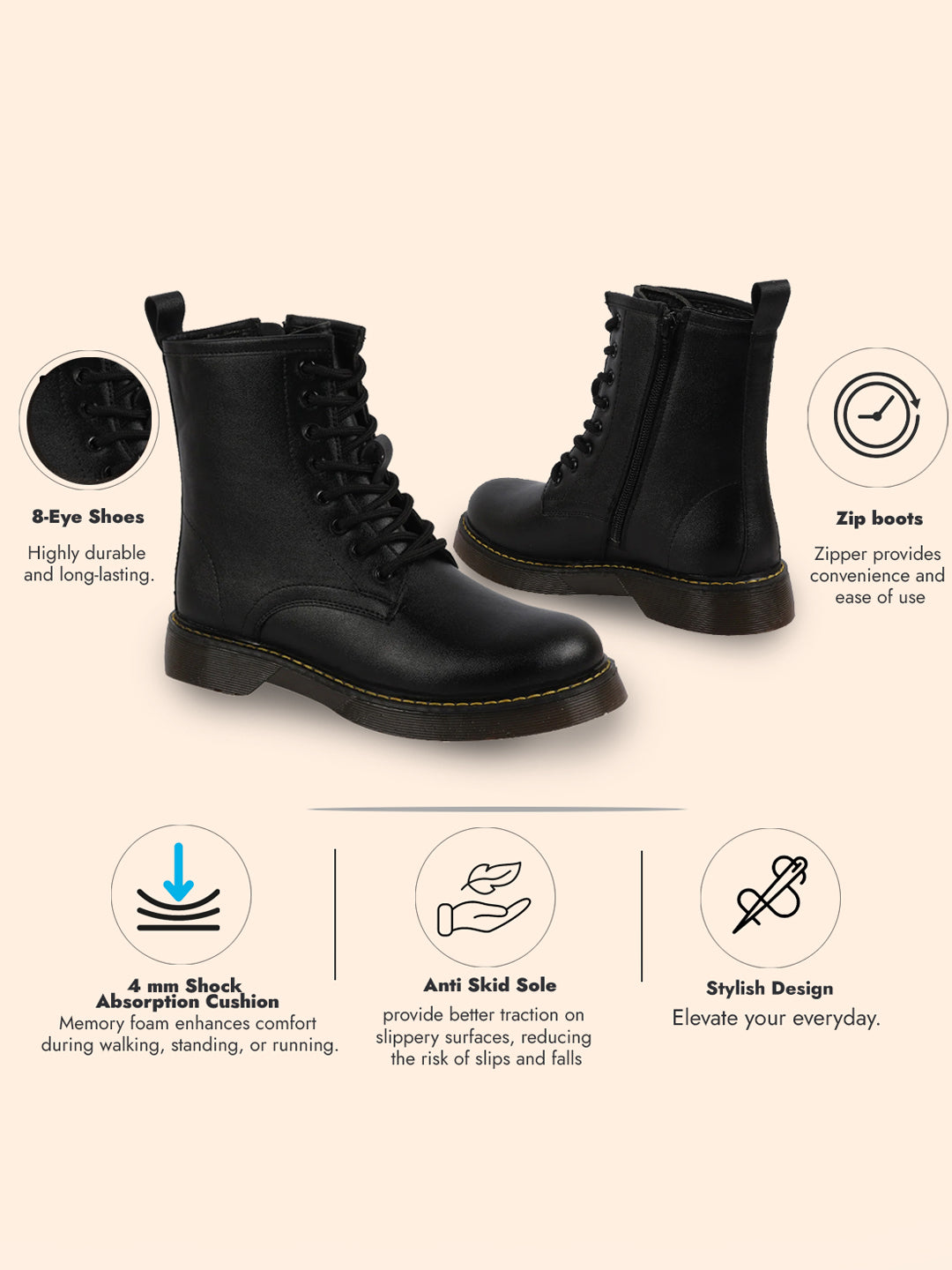 Shop Women Black Classic High Ankle 8-Eye Lace Up Casual Long Boots For Travelling|Trekking Online.