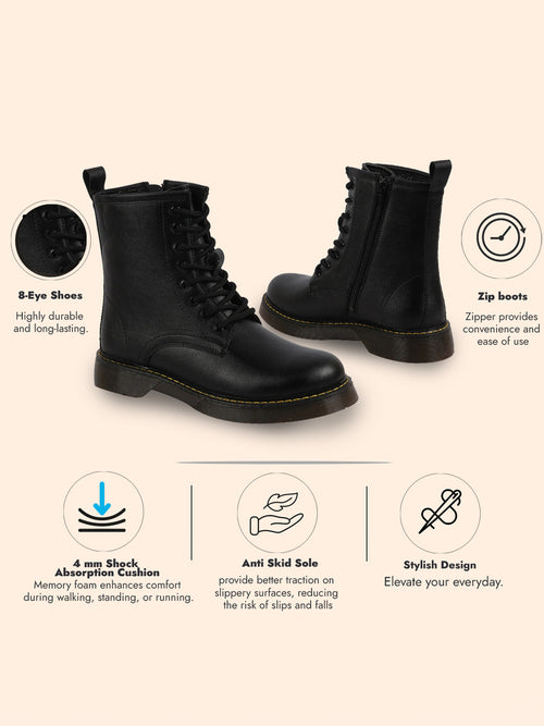 Shop Women Black Classic High Ankle 8-Eye Lace Up Casual Long Boots For Travelling|Trekking Online.