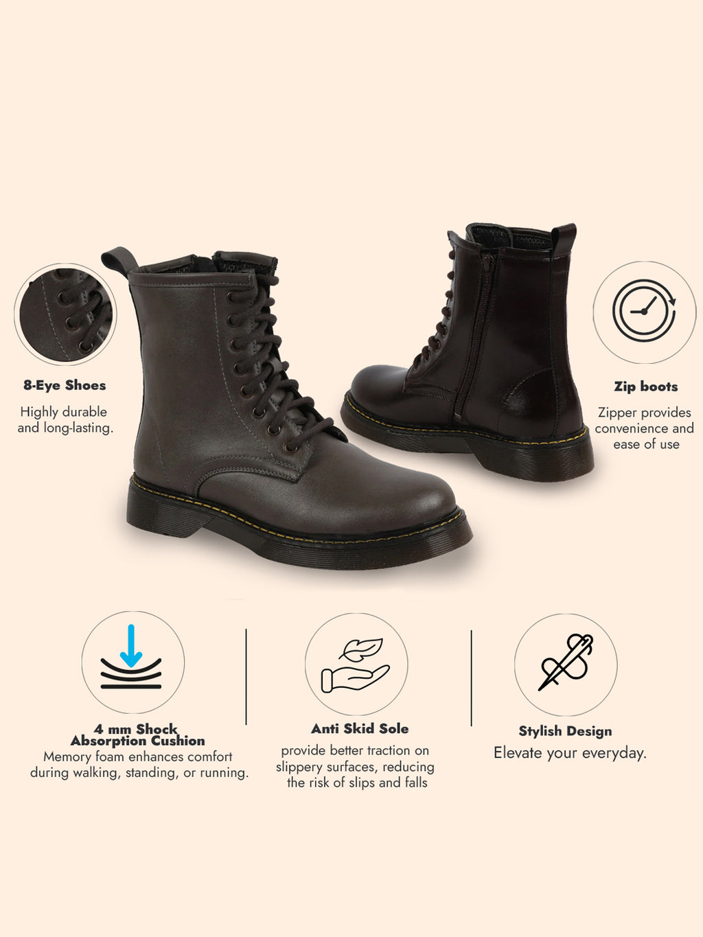 Shop Women Grey Classic High Ankle 8-Eye Lace Up Casual Long Boots For Travelling|Trekking Online.