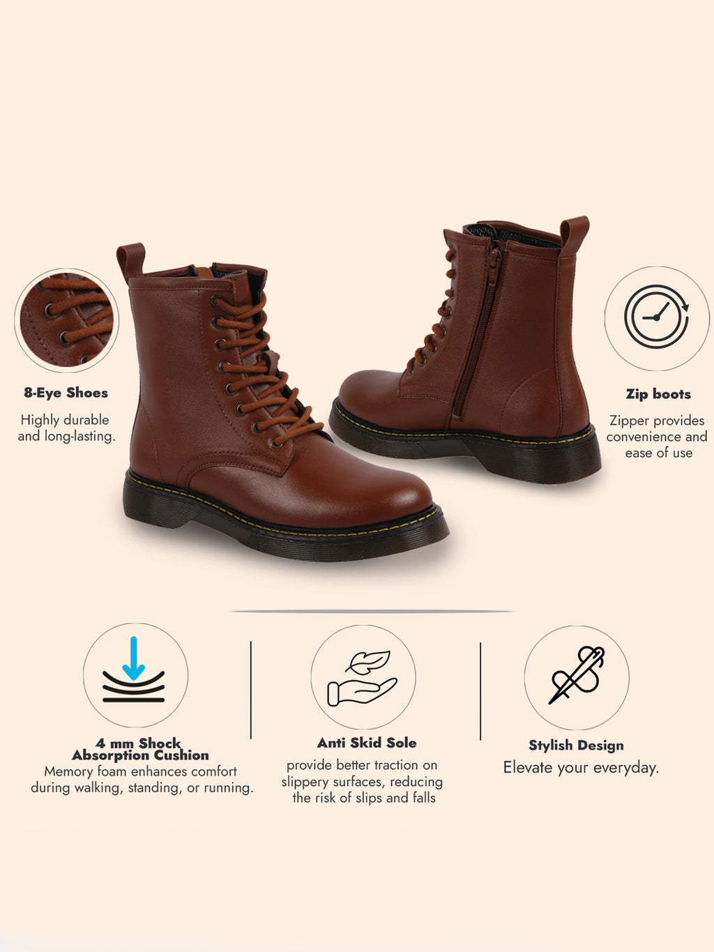 Shop Women Tan Classic High Ankle 8-Eye Lace Up Casual Long Boots For Travelling|Trekking Online.