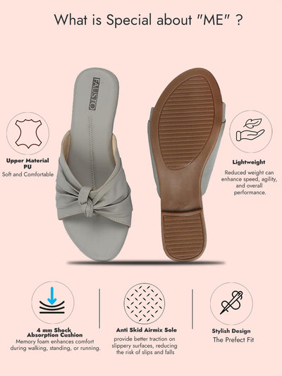 Women Grey Bow Design Open Toe Slip On Flats Slippers