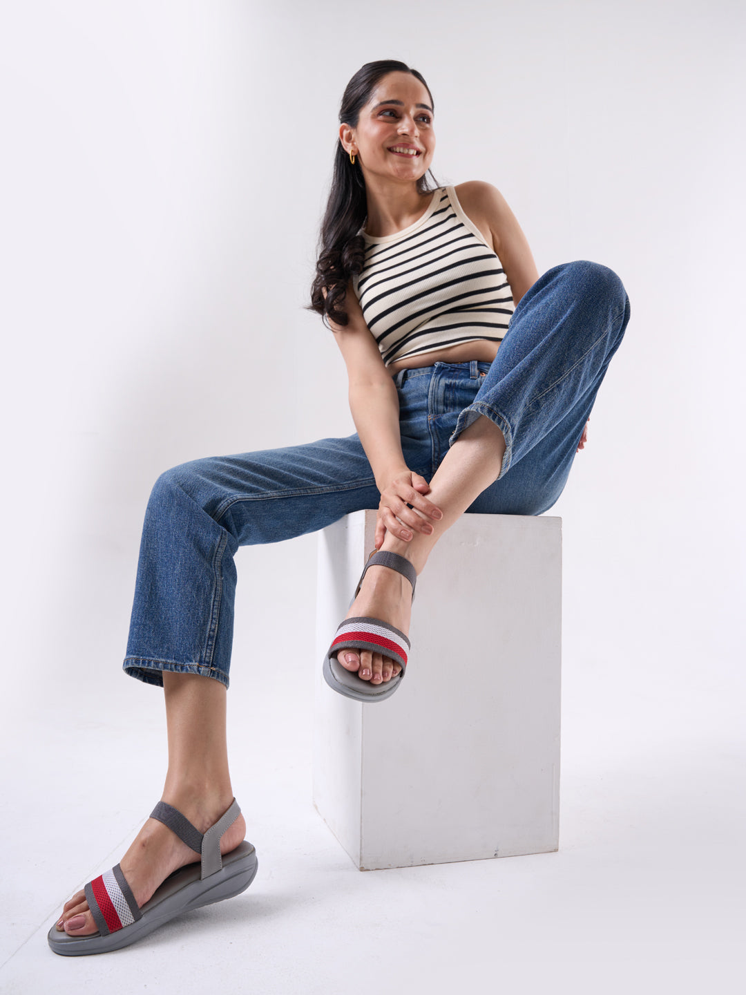 Shop Women Grey Open Toe Multi Color Strap Platform Woven Design Slip On Sandals Online.