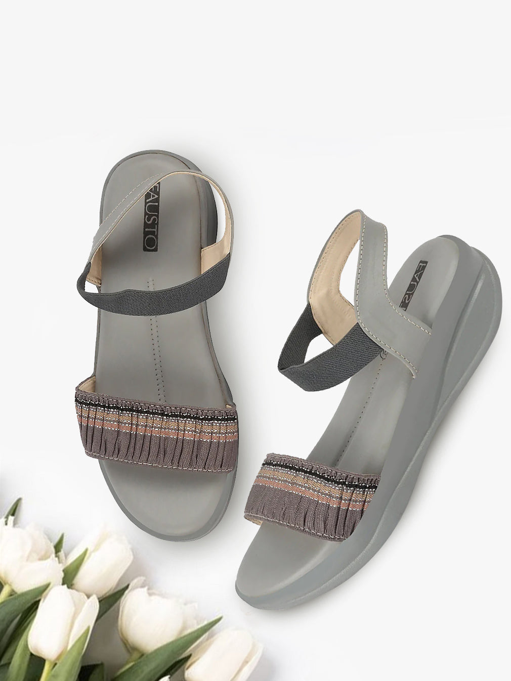 Shop Women Grey Open Toe Multi Color Strap Platform Woven Design Slip On Sandals Online.