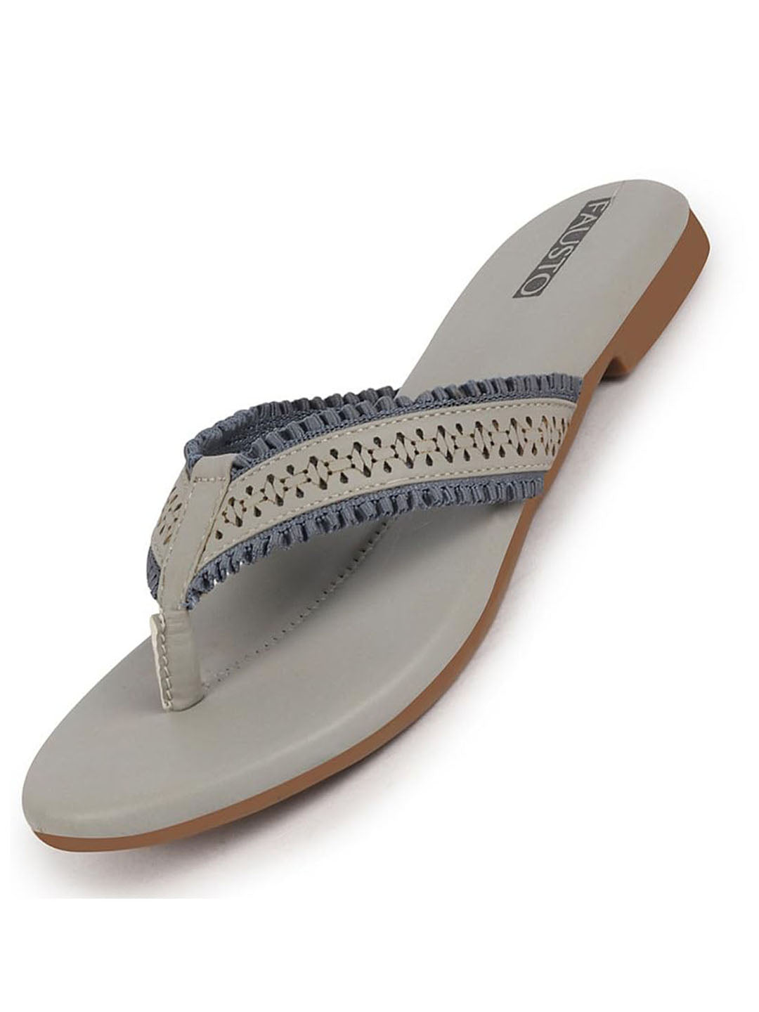 Women Grey Laser Cut Design T-Strap Thong Slip On Flats Slippers