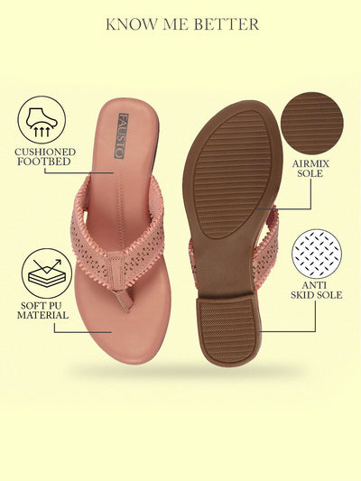 Women Pink Laser Cut Design T-Strap Thong Slip On Flats Slippers