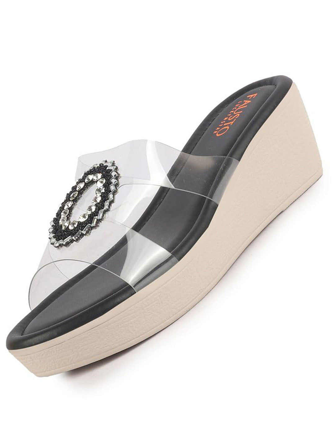 Women Black Open Toe Transparent Strap with Ring Buckle Height Enhancer Slip On Wedges|Sandals for Work|Office Wear