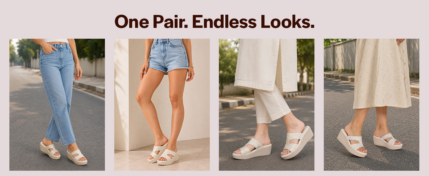 Women Multi Open Toe Printed Height Enhancer Slip On Wedges|Slipper Sandals for Work|Office Wear